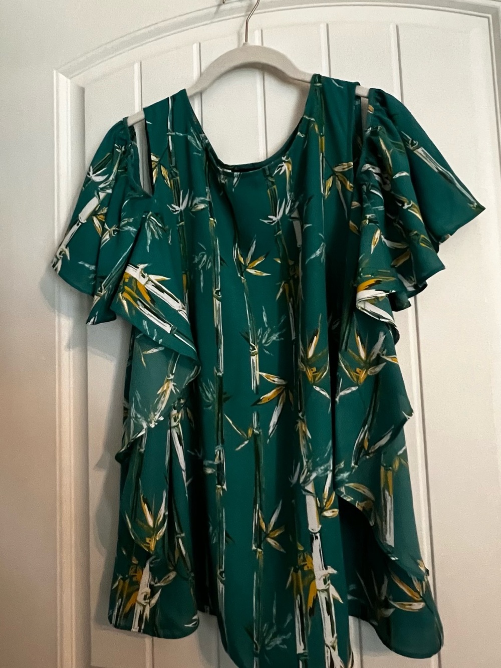 Worthington Teal Floral Cold-Shoulder Ruffle Top